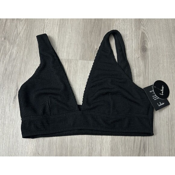 Lulu's black ribbed deep v bikini top unlined ribbed pull on size large new - Picture 1 of 6
